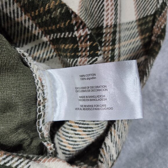 Orvis Shirt Mens Large Beige Green Plaid Heavy Flannel Button Up Shacket Hiking - Picture 6 of 10